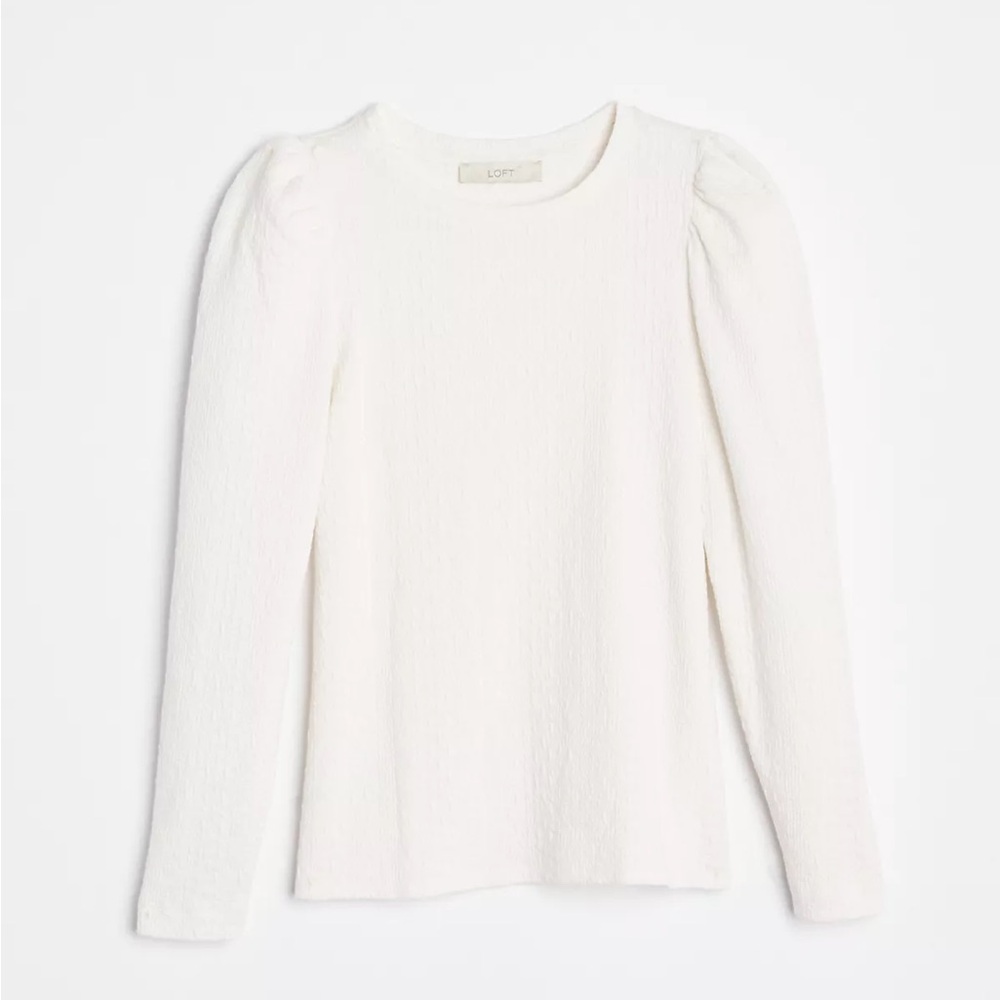 Petite Loft Ivory Crew neck Long Sleeve Puffy Sweater